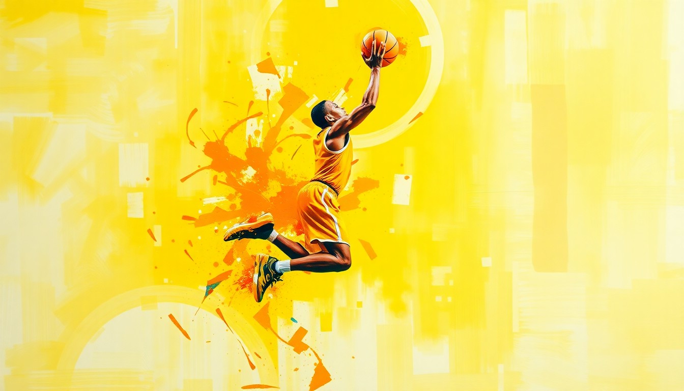 An abstract, neon-colored expressionist painting depicting a basketball player in mid-jump shot, their form dissolving into vibrant brushstrokes of yellow, orange, and red, capturing the raw energy and motion of the athletic movement.