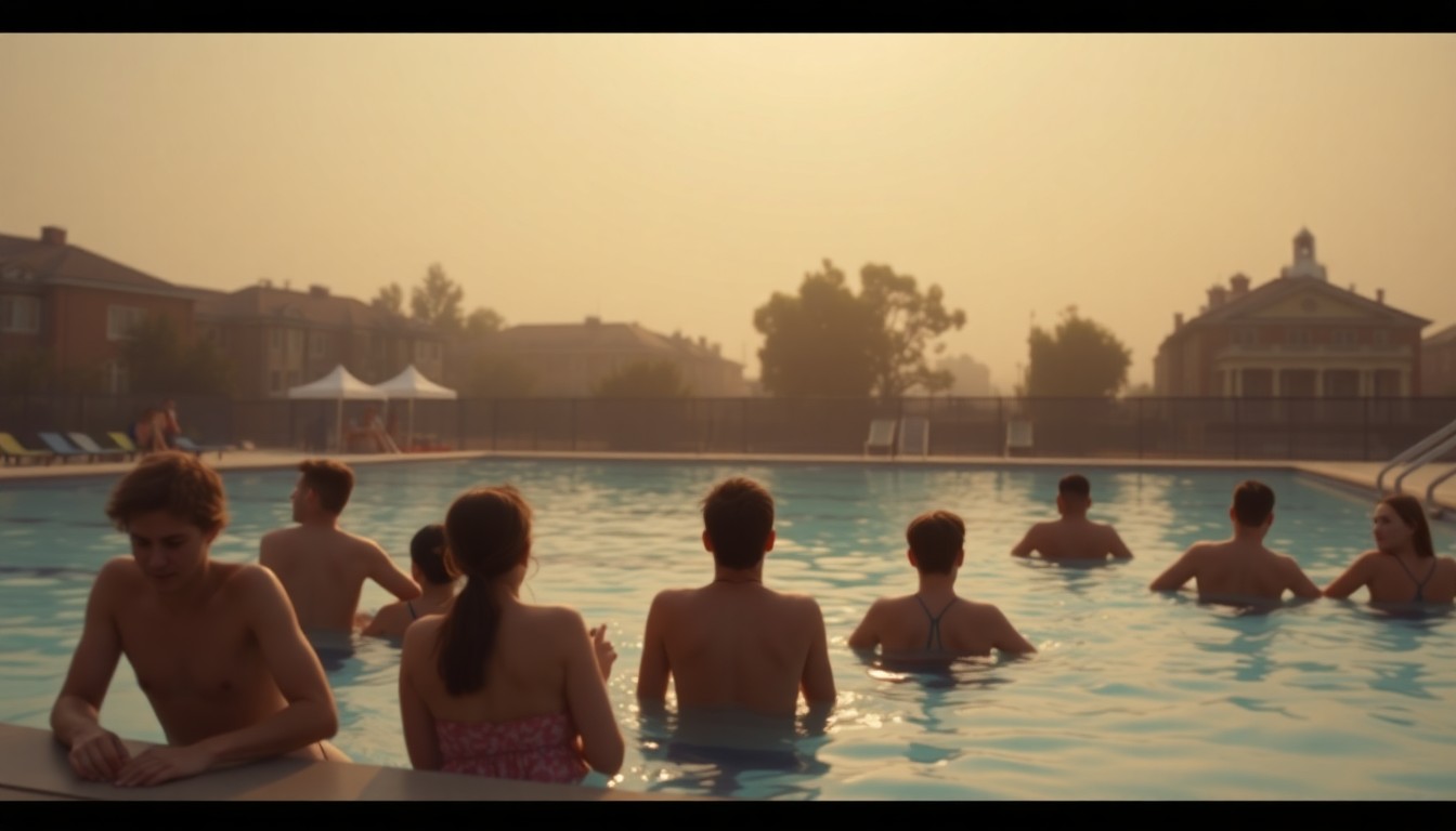 A blurred, dreamlike photograph showing the outline of college students relaxing by a swimming pool, with the silhouettes of nearby buildings and trees visible in the background, conveying a sense of tranquility and community.