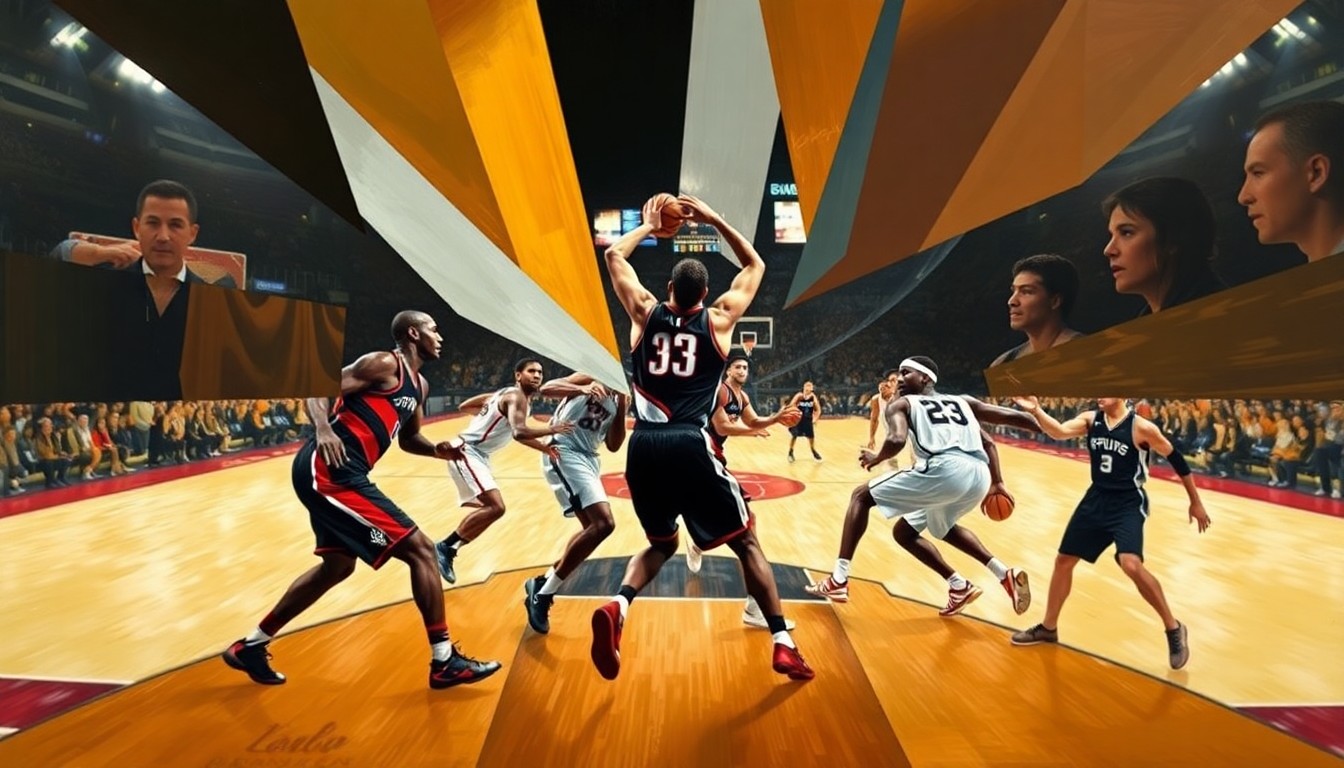 A cubist, geometric painting depicting an abstracted basketball game, with the players' forms broken down into overlapping angular shapes in a vibrant color palette.