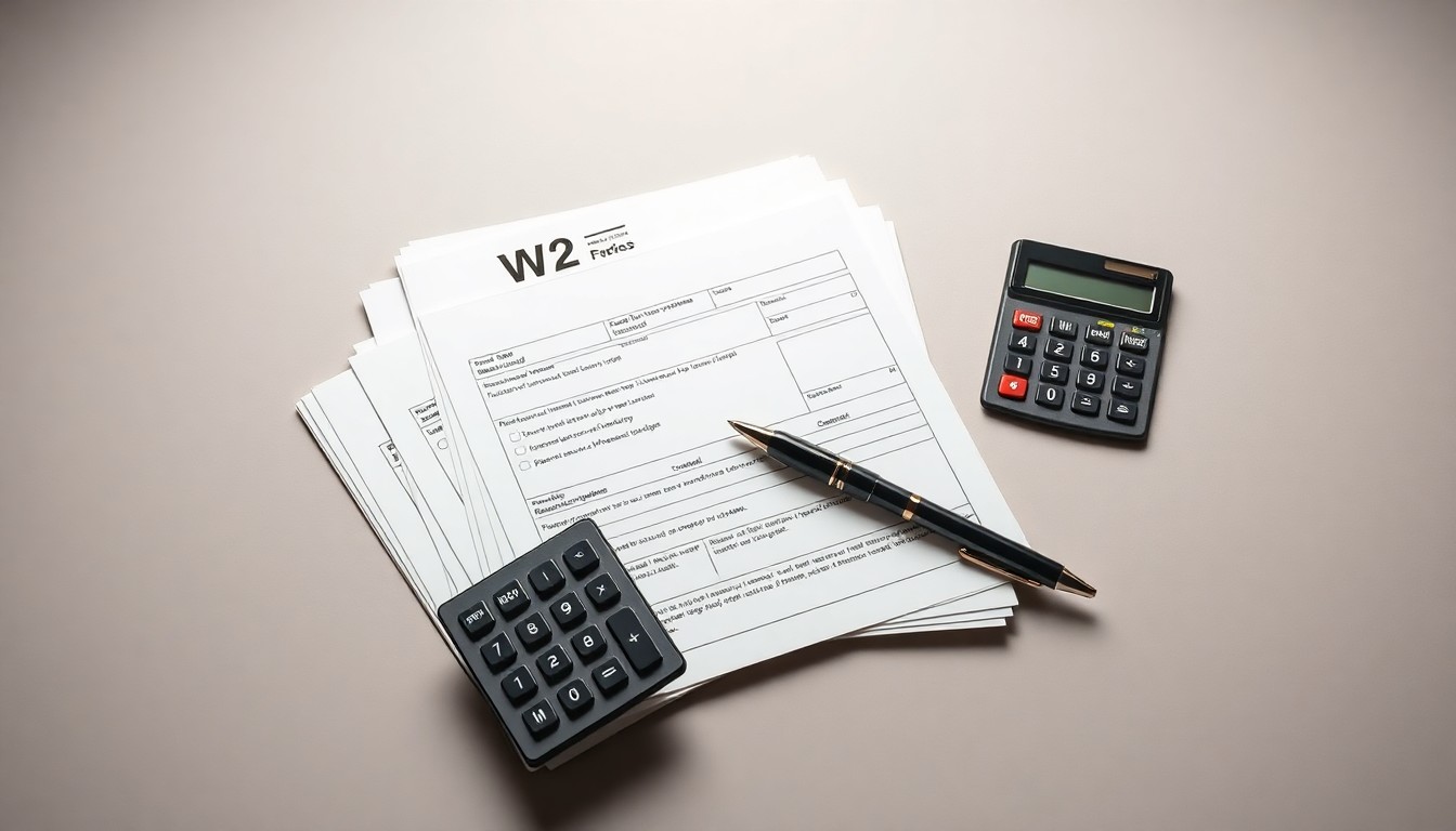 A high-end, photorealistic studio still life featuring a stack of crisp W-2 tax forms, a calculator, and a pen on a clean, monochromatic background, conceptually representing the importance of timely tax document distribution after a business closure.