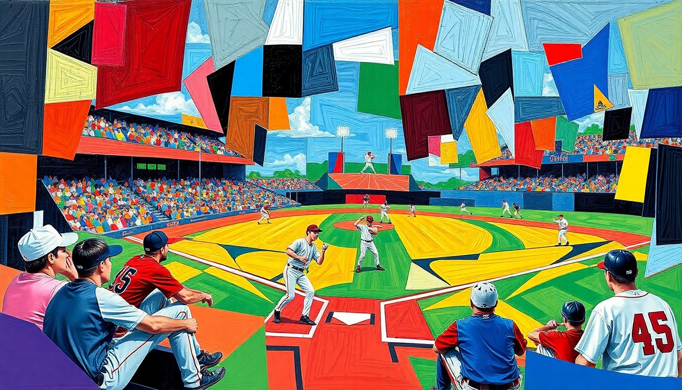 A fragmented, geometric painting depicting the climactic moments of a high school baseball game, with sharp planes of color representing the players, field, and stadium.
