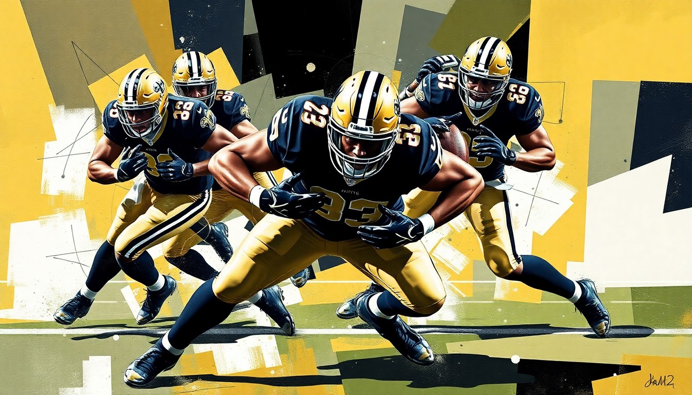 A fractured, geometric painting depicting the explosive movements and collisions of a defensive lineman, using the official colors of the New Orleans Saints team.