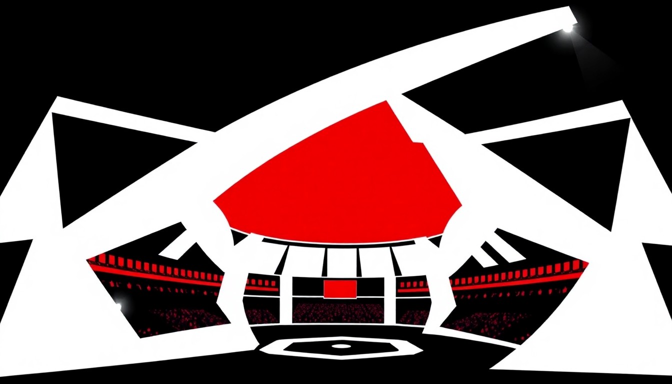 A dramatic, abstract composition of angular black and white shapes with a bold red accent, conceptually representing the historic first indoor baseball game at the Astrodome.