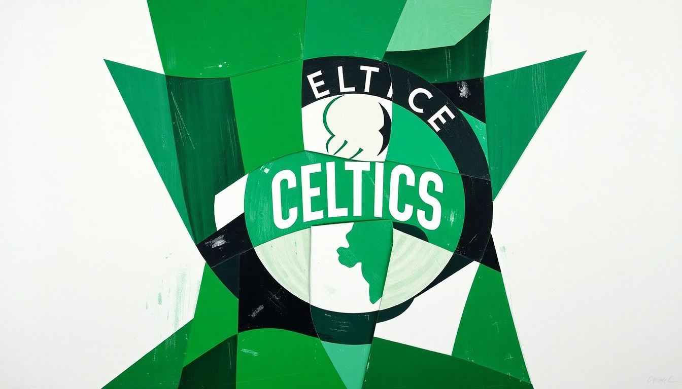 A cubist, geometric painting depicting a Celtics basketball game, with the players and court broken down into sharp, overlapping planes of green, white, and black, conveying the unpredictable nature of the playoffs.
