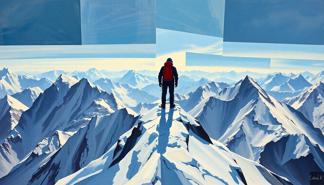 A cubist, geometric painting depicting the iconic image of a mountaineer standing atop a snowy peak, with the figure and landscape broken down into sharp, overlapping planes of color and form.