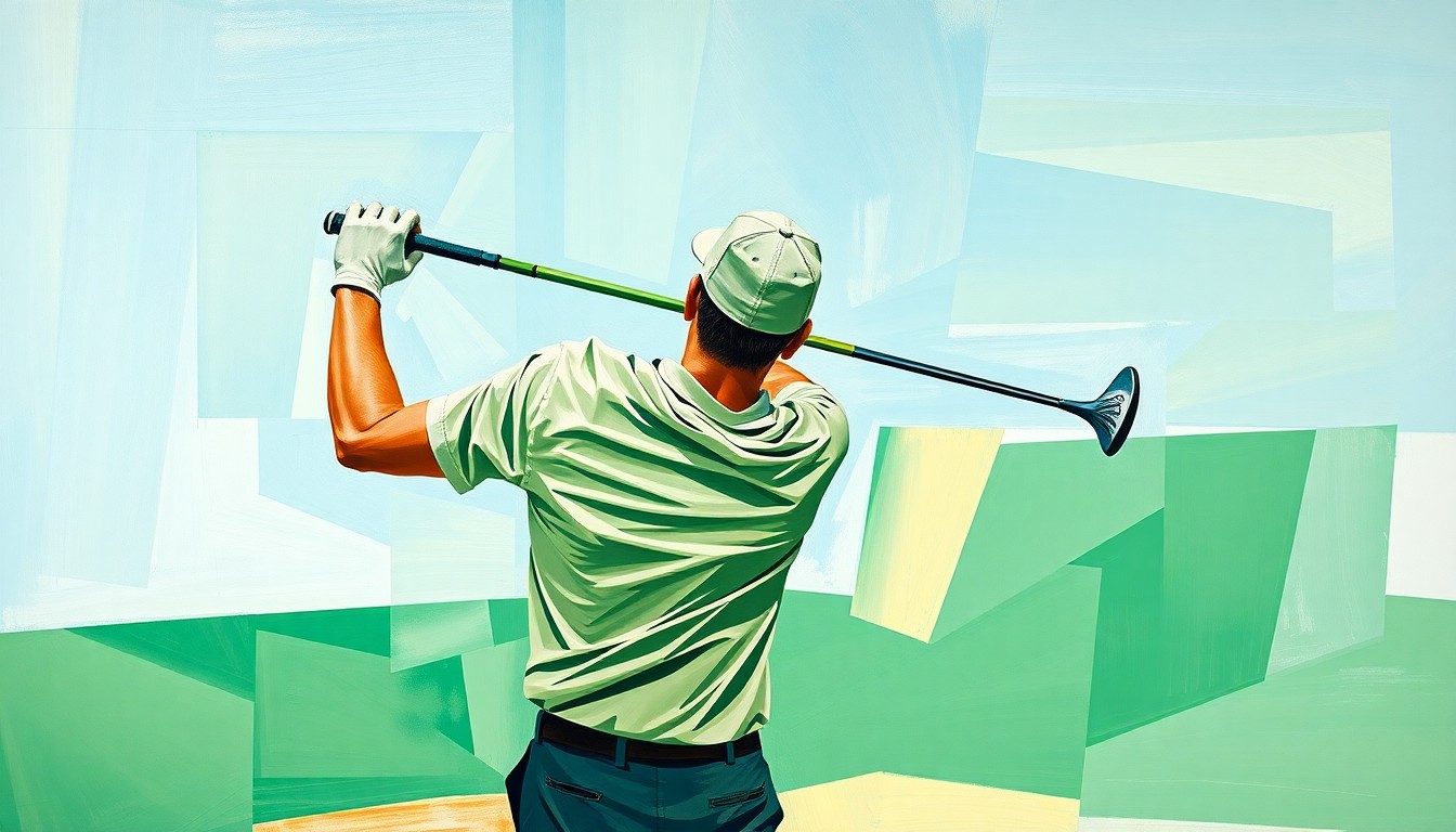 A cubist, geometric painting depicting a golfer in mid-swing, with the figure broken down into sharp, overlapping planes of emerald green, sand tan, and sky blue, conceptually representing the disruption caused by a phone violation at the Masters.