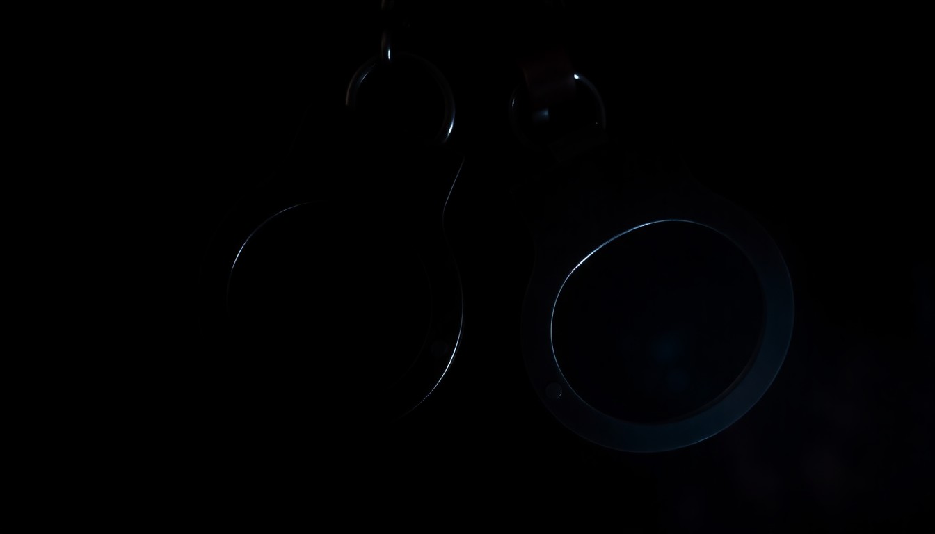 An extreme close-up photograph of metal handcuffs against a stark black background, conceptually representing the apprehension of a suspect by local law enforcement.