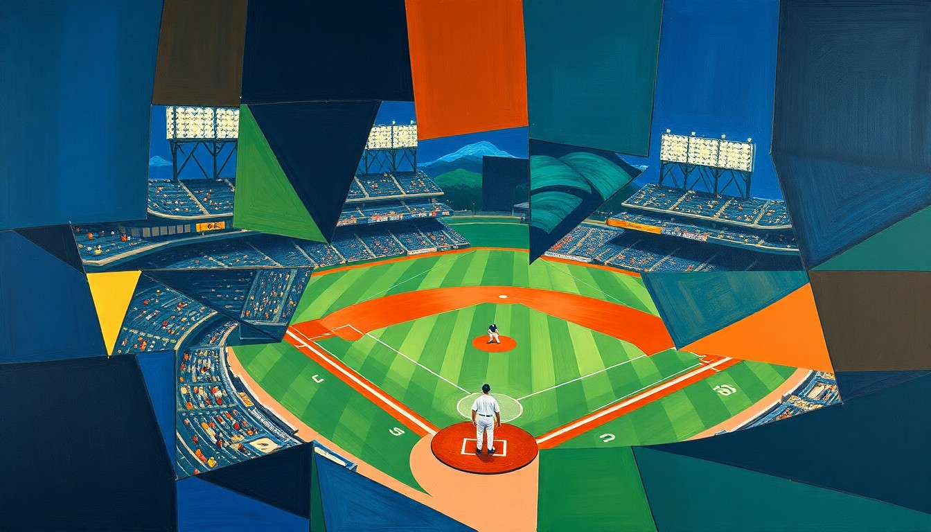 A cubist, geometric painting depicting various baseball actions and elements, such as a batter, a pitcher's delivery, and a fielder making a play, all broken down into sharp, overlapping planes of color.
