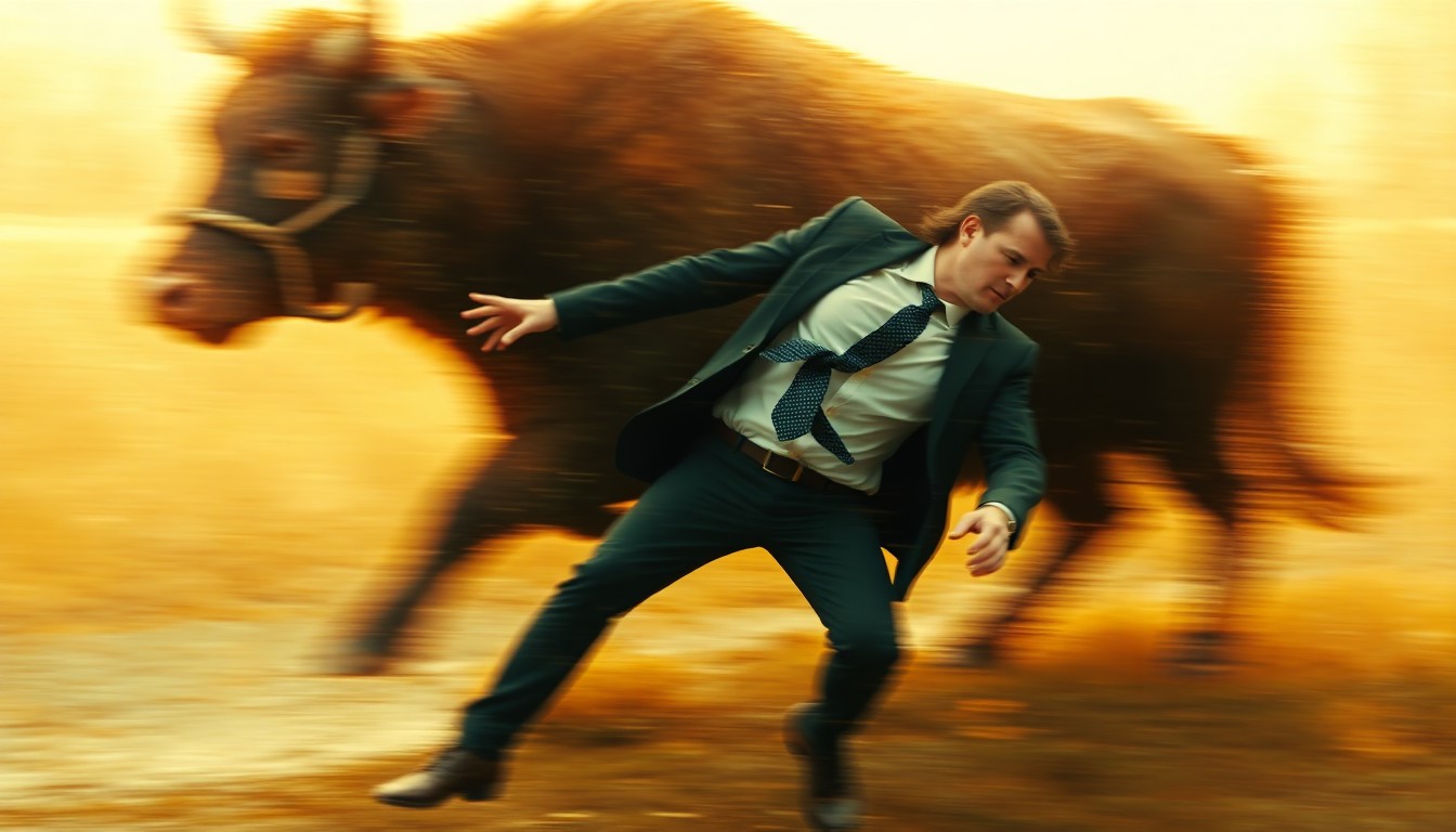 An extremely abstracted, out-of-focus photograph in warm tones depicting a blurred, hazy scene of a man in a suit and tie stumbling backwards after being charged by a large steer, conceptually illustrating the embarrassment of past mistakes that can no longer be easily contained in the digital age.
