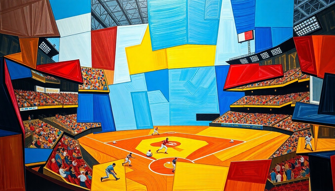 A fragmented, geometric painting depicting a baseball game, with sharp planes of color and overlapping perspectives conveying the intensity of the game-winning rally.