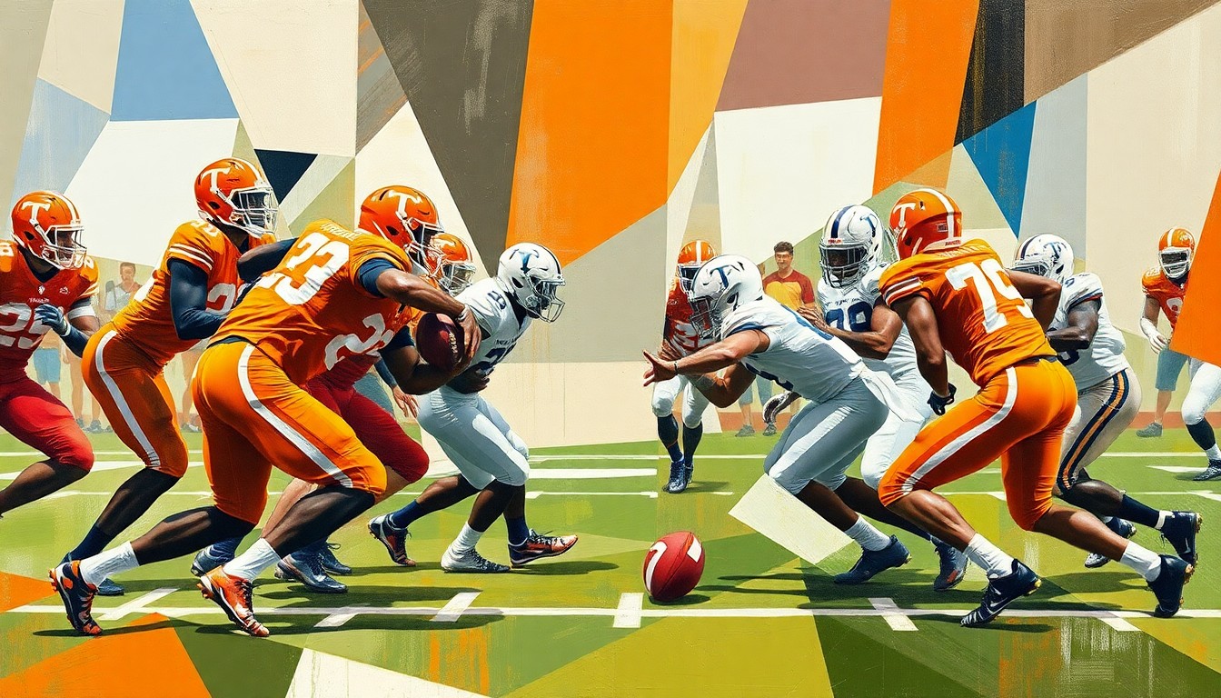 A cubist-style painting depicting the fragmented movements and positions of Tennessee football defensive players, with sharp geometric shapes and planes representing the intensity and strategy of the game.