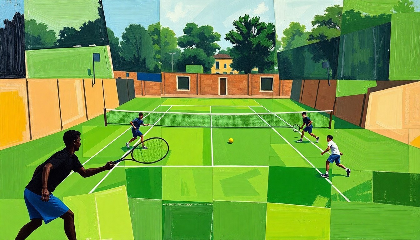 A fragmented, geometric painting depicting the dynamic movements and energy of a high school boys tennis match, with sharp planes of green courts, yellow balls, and shadowy player forms.