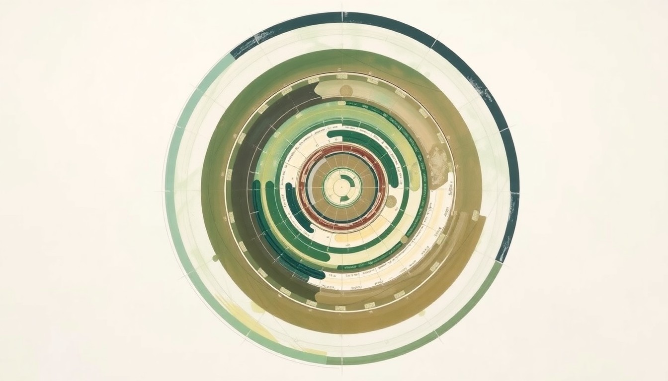 An abstract, highly structured painting featuring sweeping geometric arcs, concentric planetary circles, intersecting waveforms, and precise botanical or physical spirals in soft, earthy tones of green, blue, and brown against a clean white background, conceptually representing the complex systems and forces involved in NASA's Artemis lunar missions.