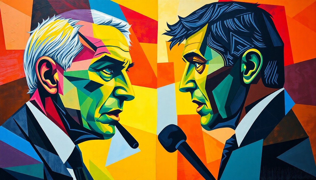 A cubist, geometric painting featuring overlapping planes of bright colors and shapes, conceptually representing the heated debate between sports media personalities Stephen A. Smith and Matt Barnes.