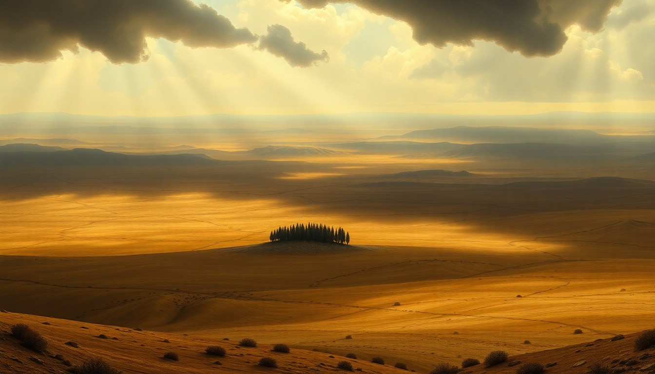 A sweeping, atmospheric landscape painting in muted tones of brown, gray, and blue, depicting a vast, arid expanse with a small, distant mountain range barely visible through the haze, conveying the overwhelming scale and melancholic mood of a drought-stricken region.