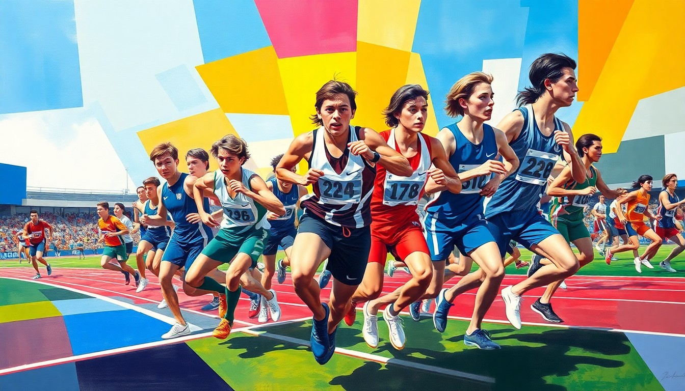 A cubist, geometric painting depicting high school track and field athletes in motion, with vibrant colors representing the school's uniforms and equipment.