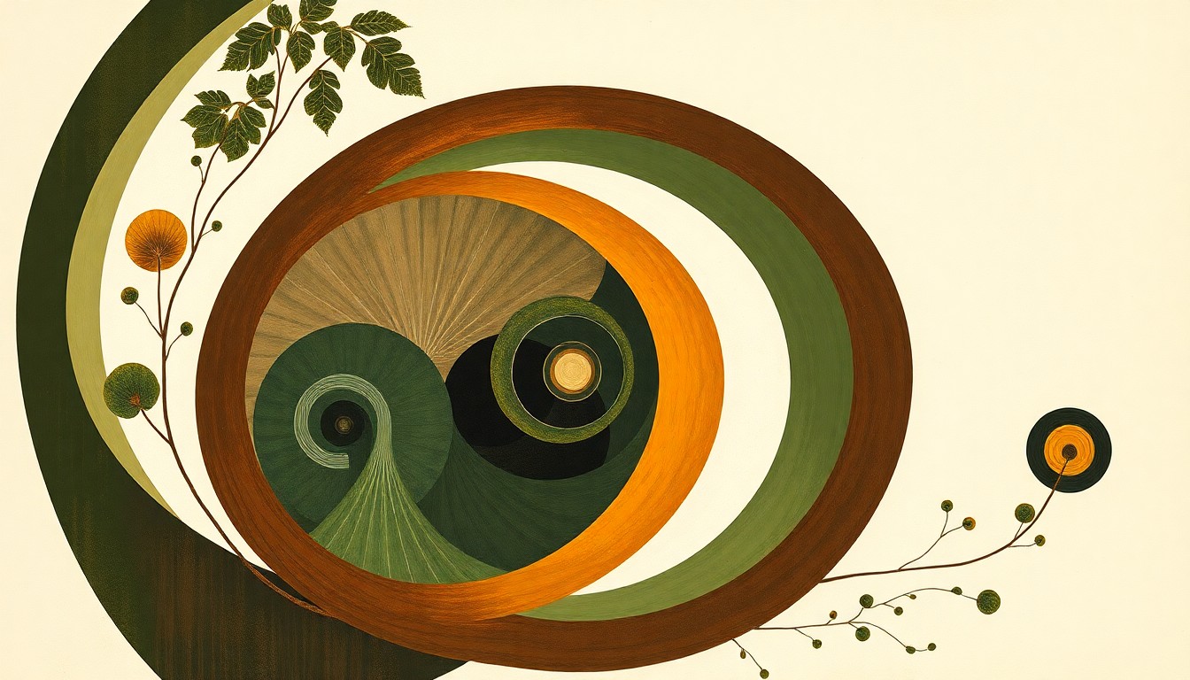 An abstract painting in earthy tones of green, brown, and ochre, featuring sweeping geometric arcs, concentric circles, and precise botanical spirals, conceptually representing the complex interplay of natural forces and forest ecology.