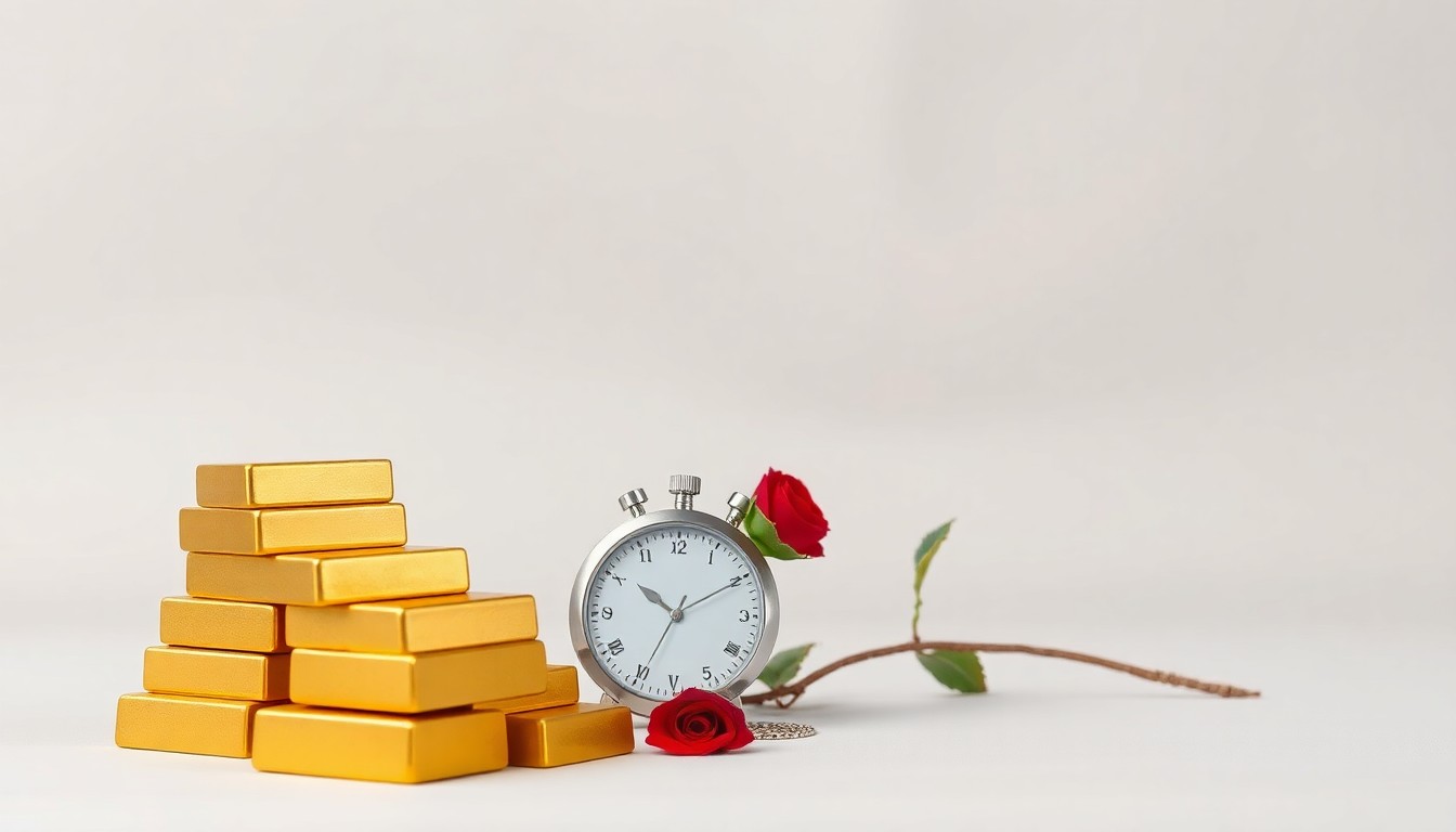 A minimalist studio photograph featuring a stack of gold bullion bars, a sleek silver stopwatch, and a single red rose on a clean, monochromatic background, symbolizing the journey of a rags-to-riches entrepreneur.