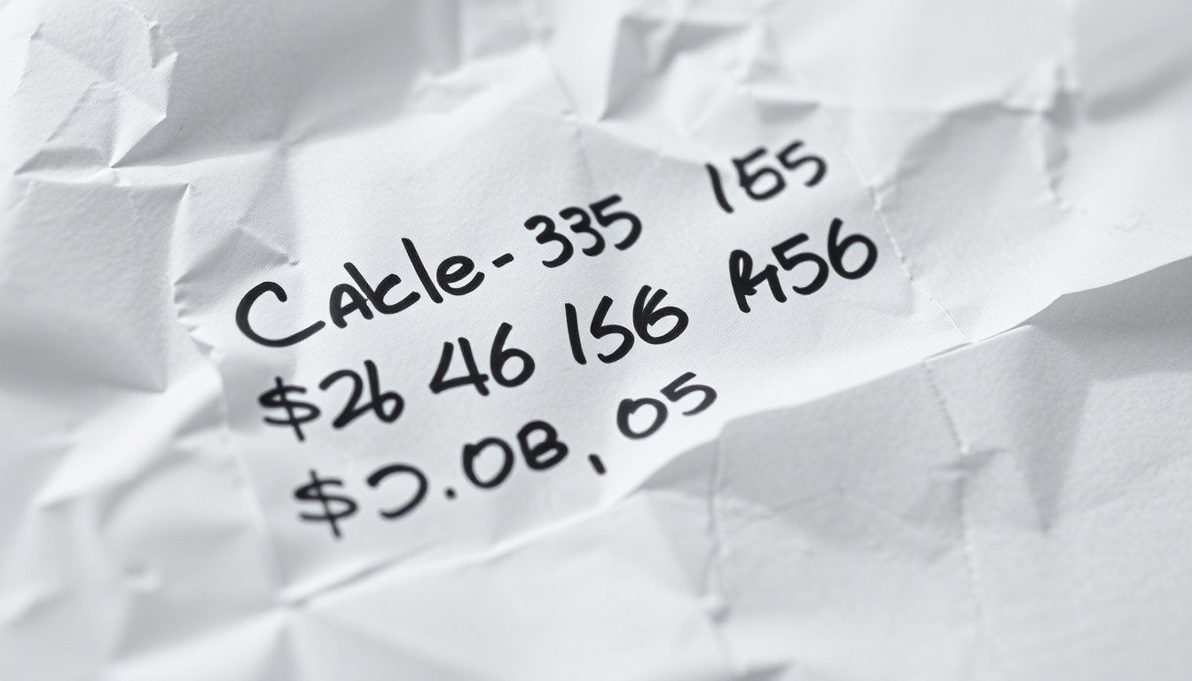 An extreme close-up photograph of a crumpled, torn piece of paper with handwritten numbers, conceptually representing the financial details of the cable refund scam.