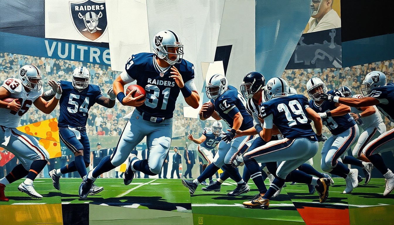 A cubist, geometric painting depicting a football game between the Las Vegas Raiders and an opposing team, with the players' movements and the energy of the game expressed through a fragmented, multi-perspective composition in shades of green, silver, and blue.