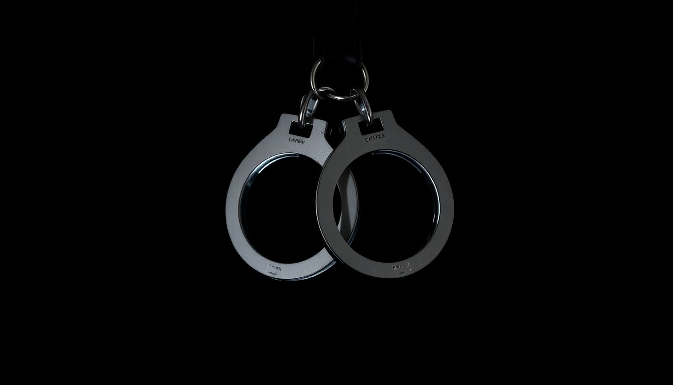 An extreme close-up of a pair of metal handcuffs against a stark black background, conceptually representing the arrest and legal consequences of a violent domestic crime.