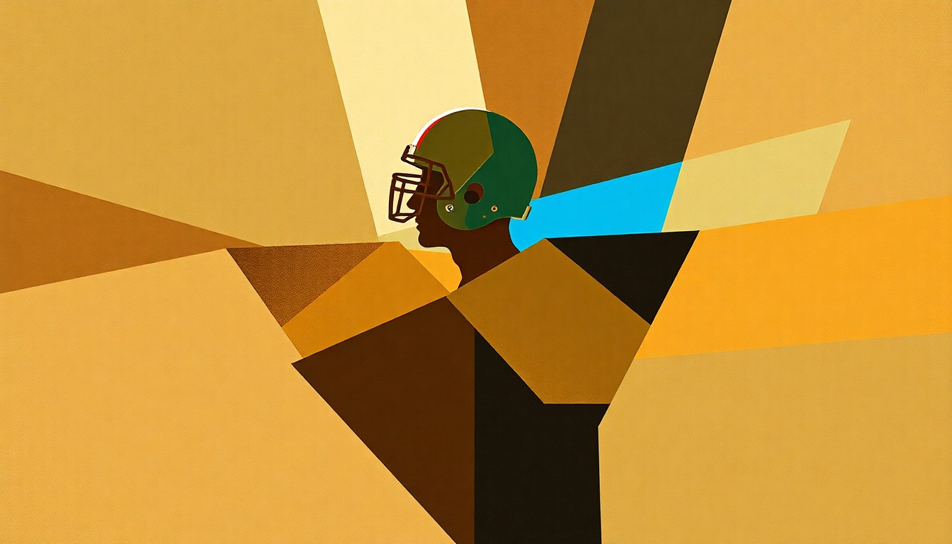 A fragmented, geometric painting in muted earth tones with flashes of bright blue and red, depicting the overlapping planes and perspectives involved in a top quarterback's college decision-making process.