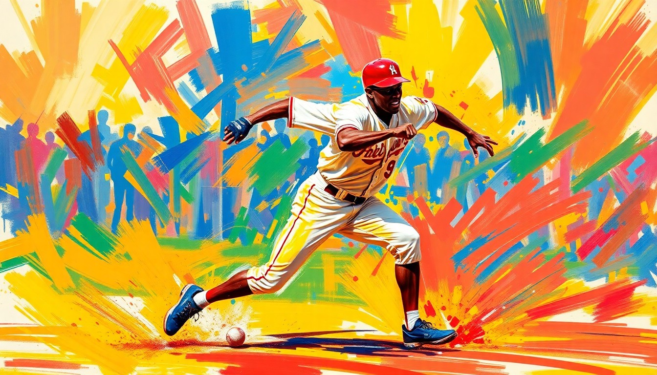 An abstract, energetic painting in neon colors featuring dynamic brushstrokes that evoke the movement and speed of a baseball player stealing a base.