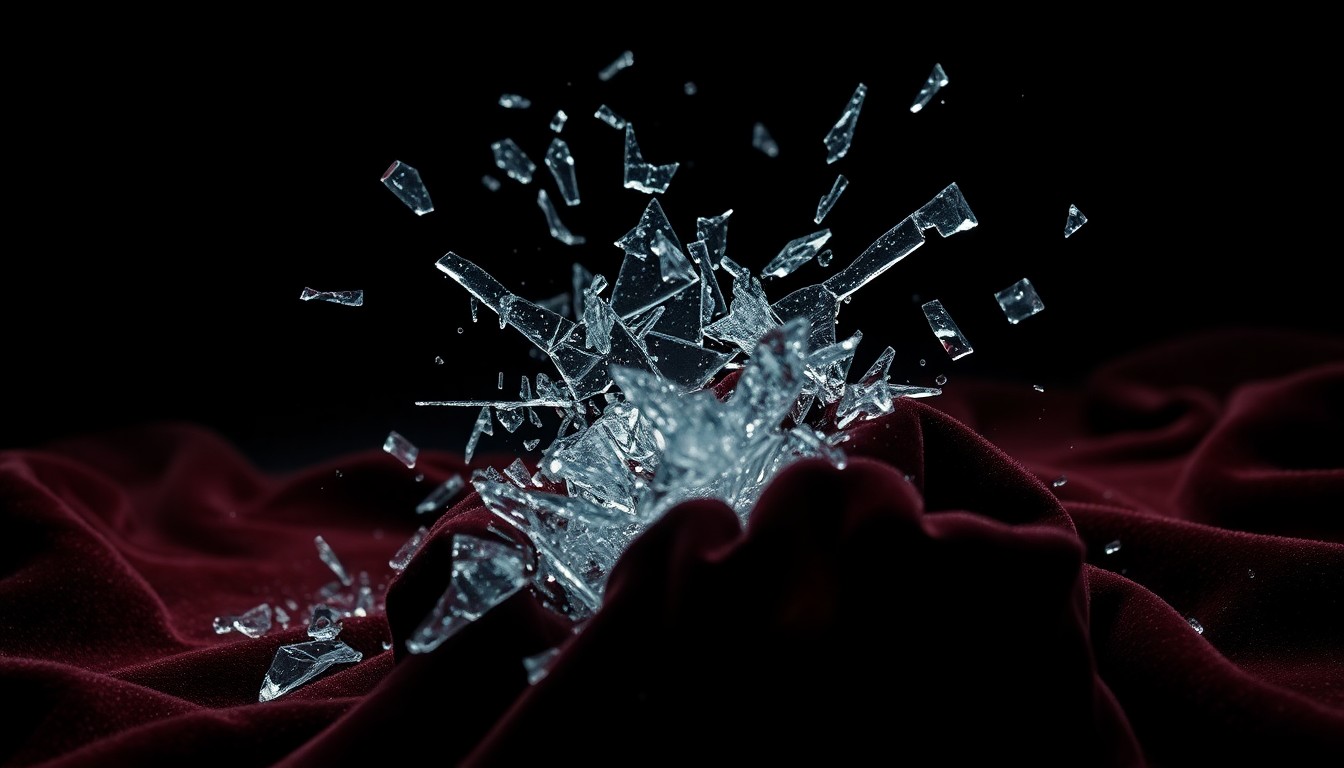 An extreme close-up of crumpled, high-contrast velvet fabric and shattered glass, conceptually representing the manipulative power dynamics and fragile relationships in the play 'The Pushover.'