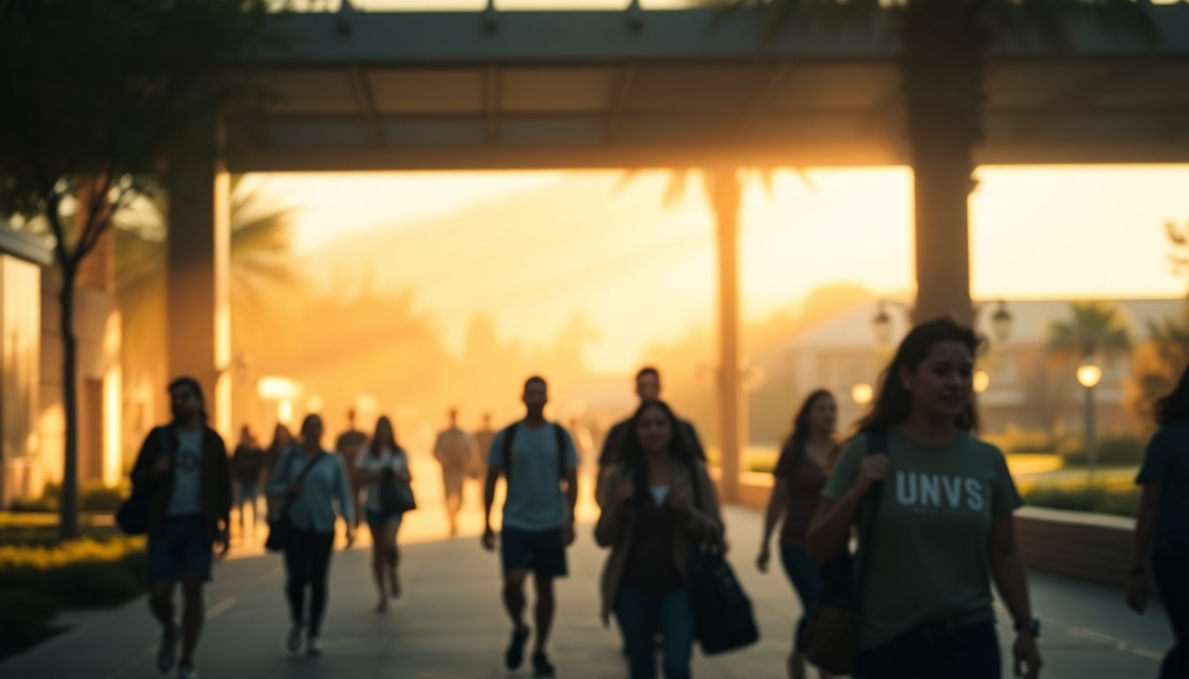 An abstract, out-of-focus photograph depicting the UNLV campus, with students walking through pools of warm, hazy light, conveying a sense of contemplation and community.