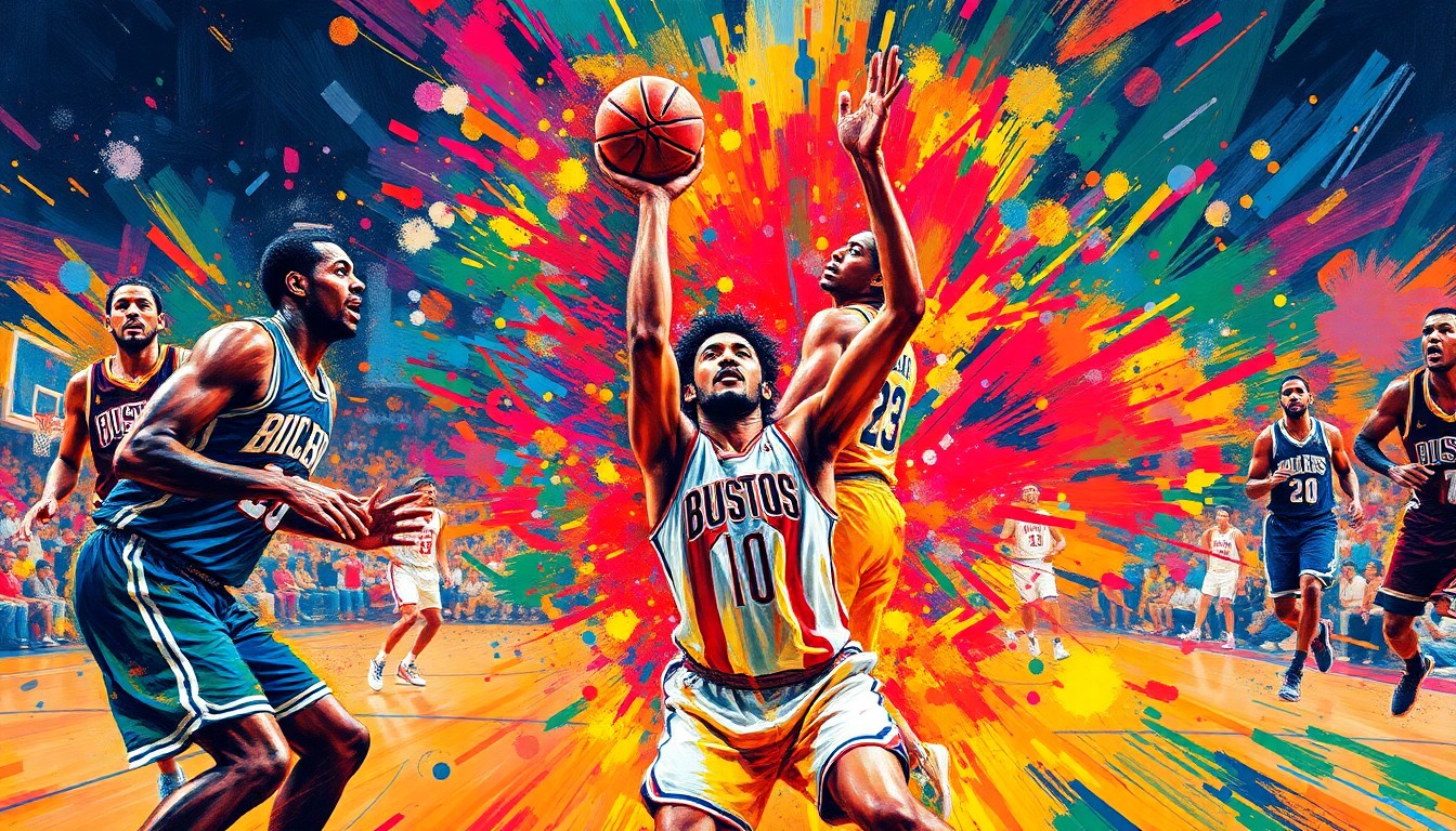 An abstract, expressionist painting in neon colors depicting the dynamic movements and energy of a basketball game, with the players' forms dissolving into vibrant brushstrokes.