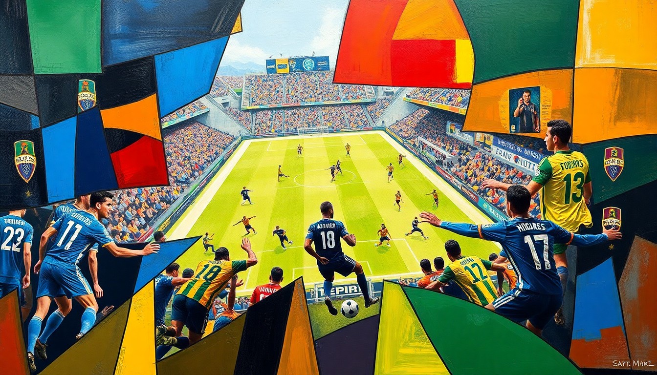 A cubist, geometric painting depicting the energy and action of a soccer match between two teams, with the players and field broken down into sharp, overlapping planes of color and shape.