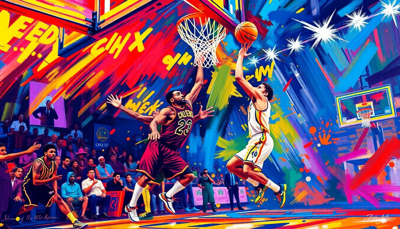 An abstract, expressionistic painting featuring bold, sweeping brushstrokes in neon shades of blue, orange, and pink, capturing the dynamic energy and movement of a professional basketball game.
