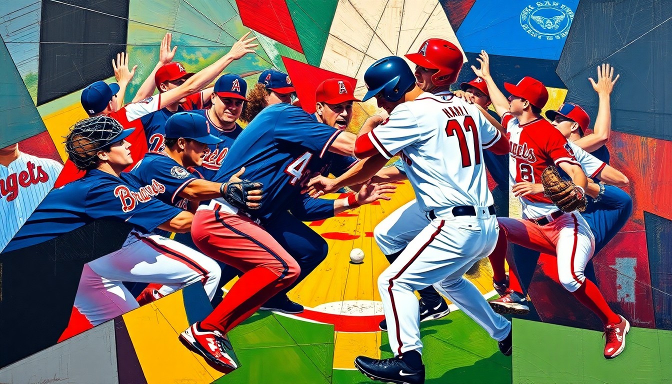 A fractured, geometric painting depicting the chaotic movements and confrontation of a baseball brawl, with the players' forms broken down into sharp, overlapping planes of navy, red, and white.