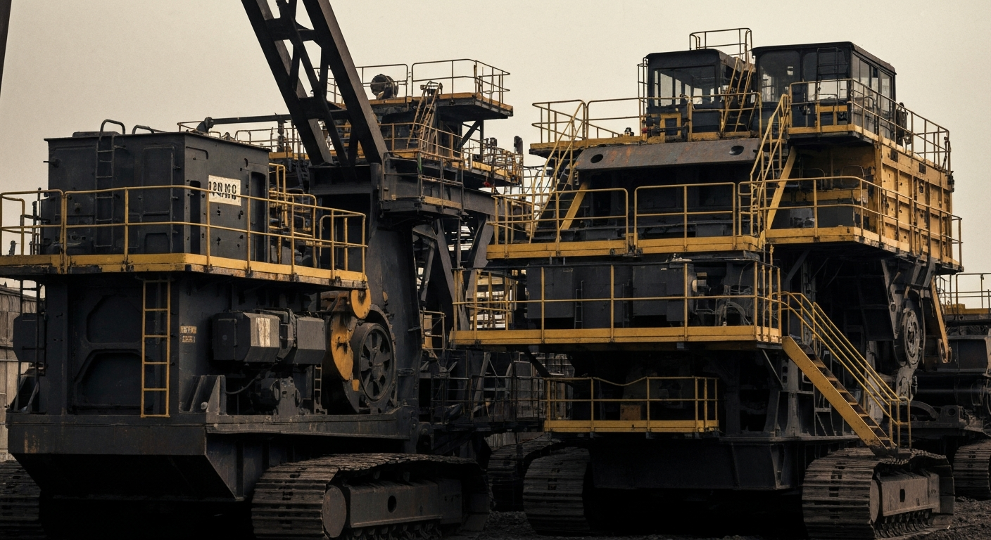 An extreme close-up of rugged, textured mining equipment and machinery, conveying the physical scale and power of the industry without using any text or identifiable branding.