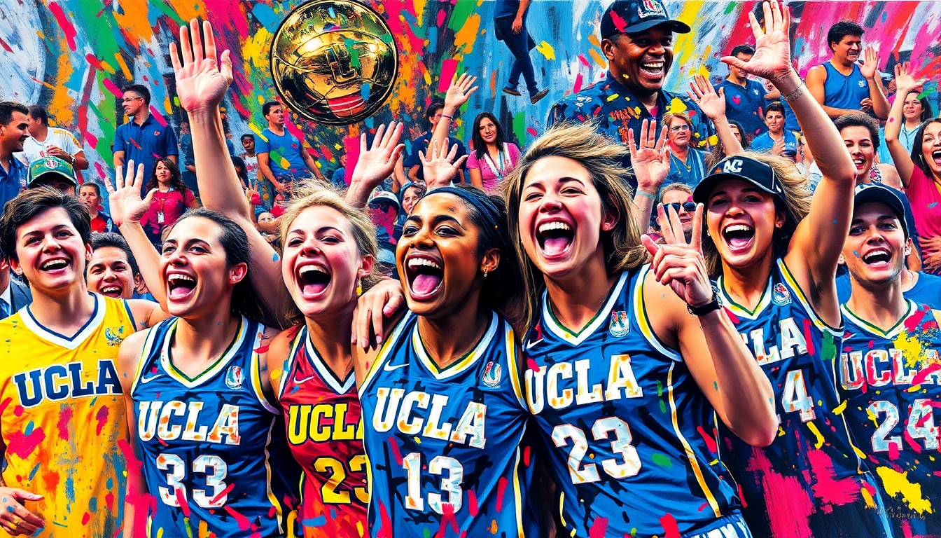 An abstract expressionist painting in vibrant neon colors, capturing the raw energy and emotion of the UCLA women's basketball team and their fans celebrating the school's historic NCAA championship win. Faces and details dissolve into a swirling, kinetic display of movement and color.