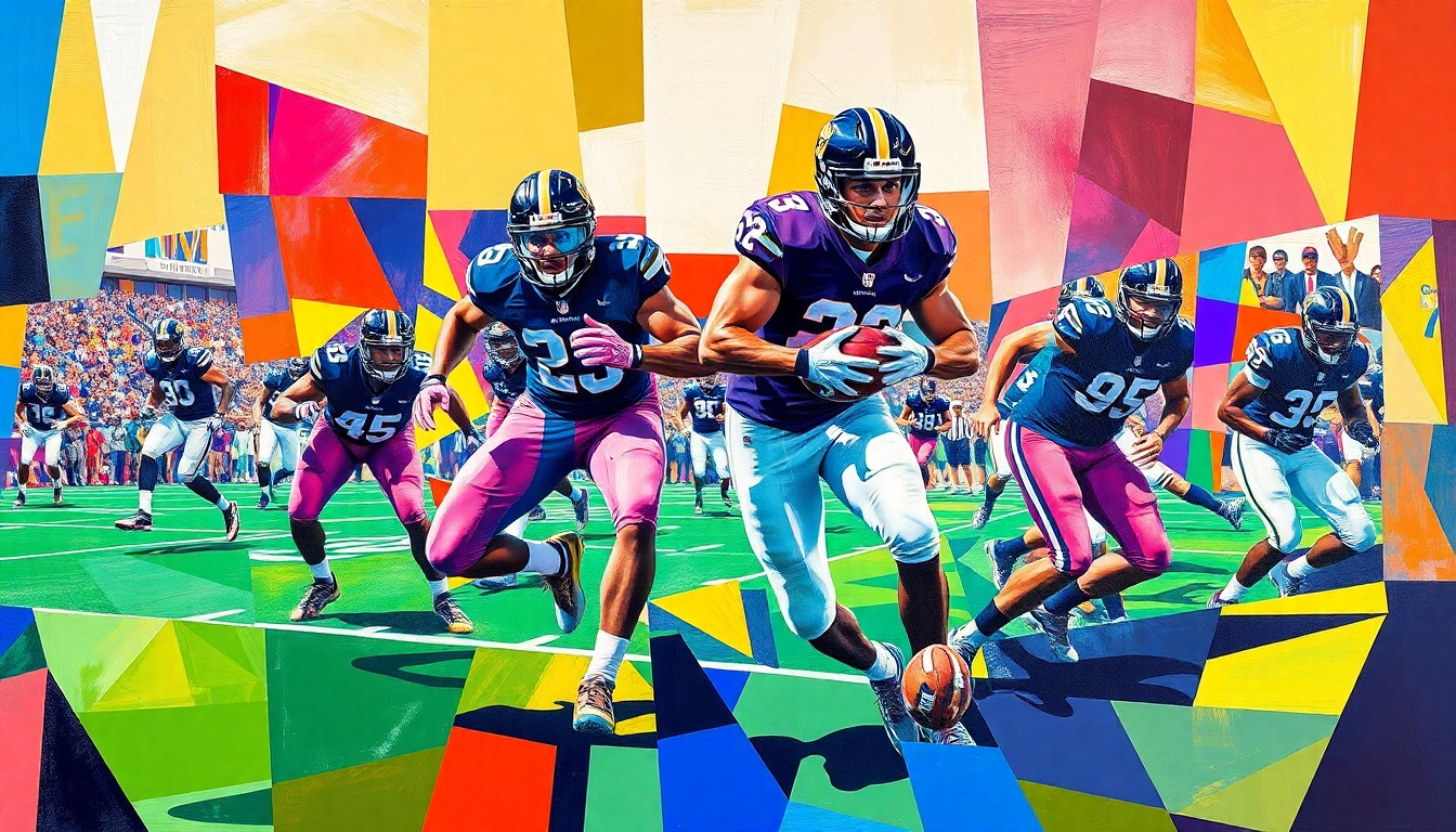A fragmented, cubist-style painting depicting college football players in motion, with sharp geometric shapes and planes in the Huskies' signature purple and gold colors.