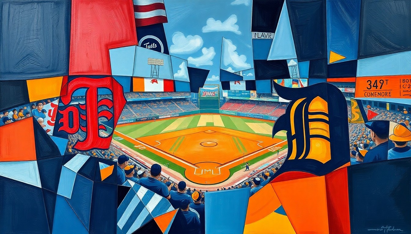 A fractured, multi-perspective painting depicting a baseball game between the Minnesota Twins and Detroit Tigers, with sharp geometric planes in vibrant colors representing the dynamic action on the field.