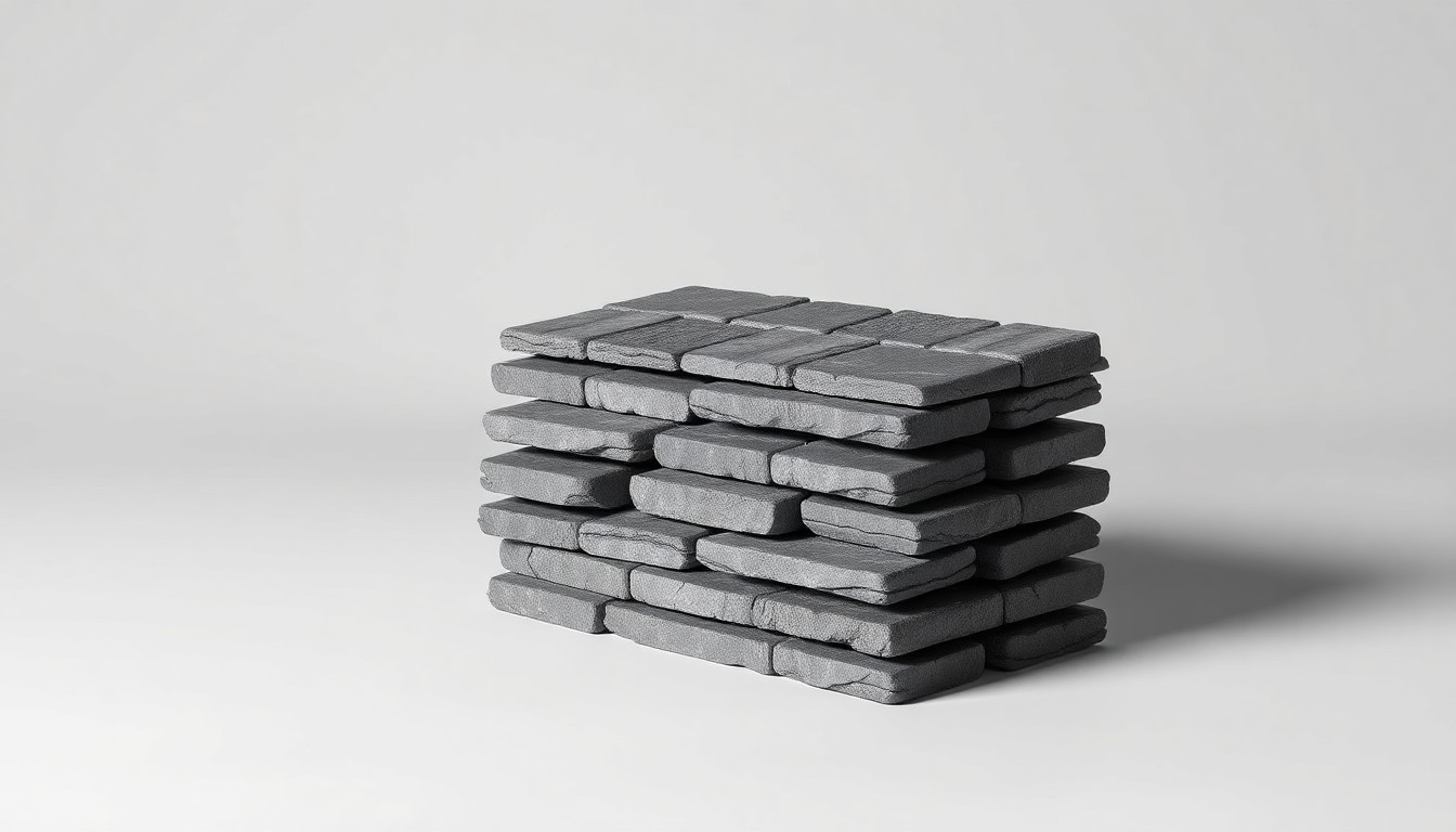 A high-end, photorealistic studio still-life photograph featuring a stack of natural slate roofing tiles in various shades of gray, arranged elegantly on a clean, monochromatic seamless background with dramatic lighting and shadows to represent the premium quality and timeless aesthetic of slate roofing.