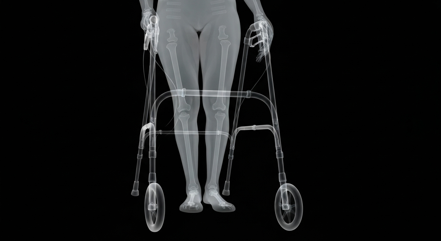 A ghostly, translucent X-ray photograph revealing the internal structure of an elderly person's walker or cane, symbolizing the fragility and medical needs of older adults facing homelessness.