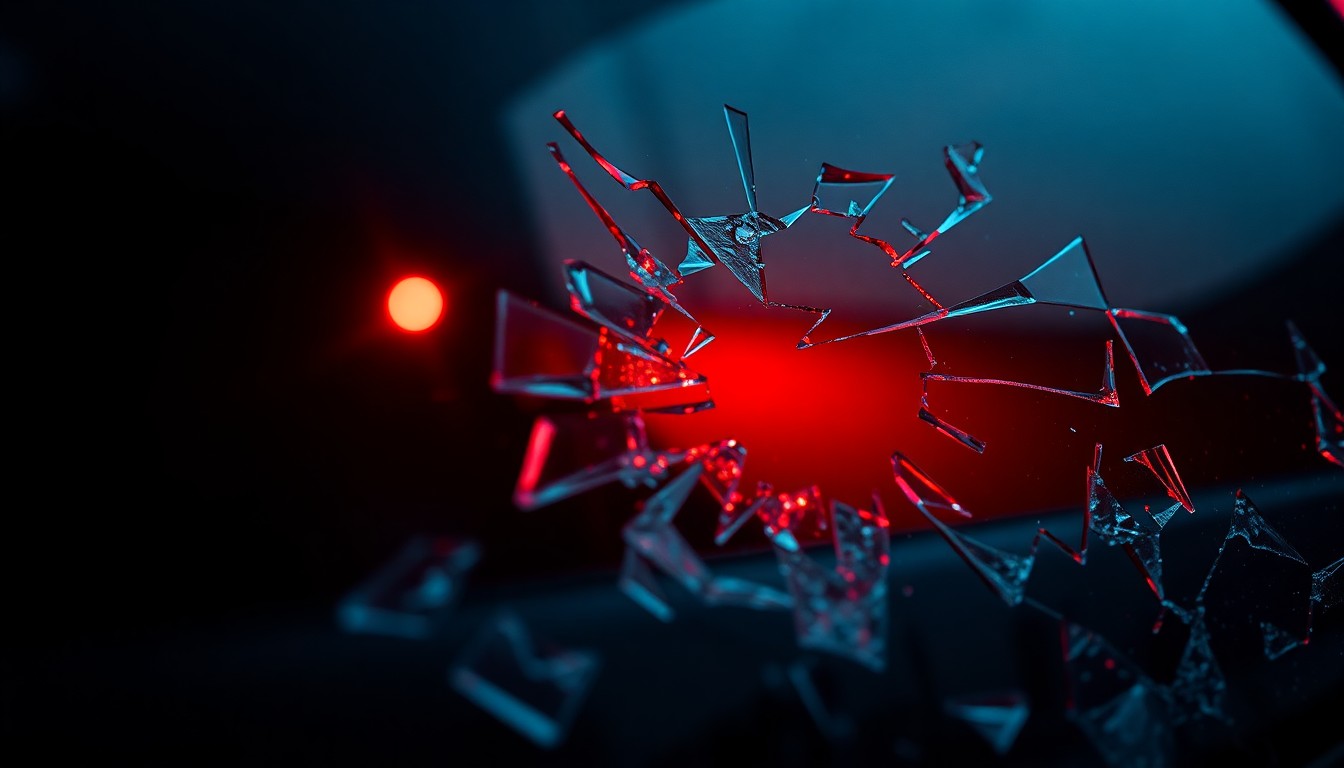 An extreme close-up photograph of shattered glass reflecting a faint red light, conceptually representing the aftermath of a violent confrontation between law enforcement and a suspect.