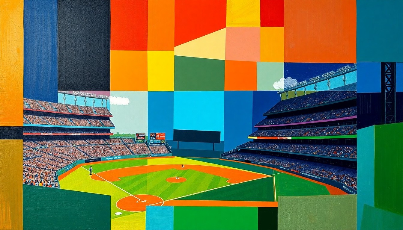 A cubist, geometric painting depicting a baseball game in progress, with the players and field fragmented into sharp, overlapping planes of vibrant blue, red, and yellow.