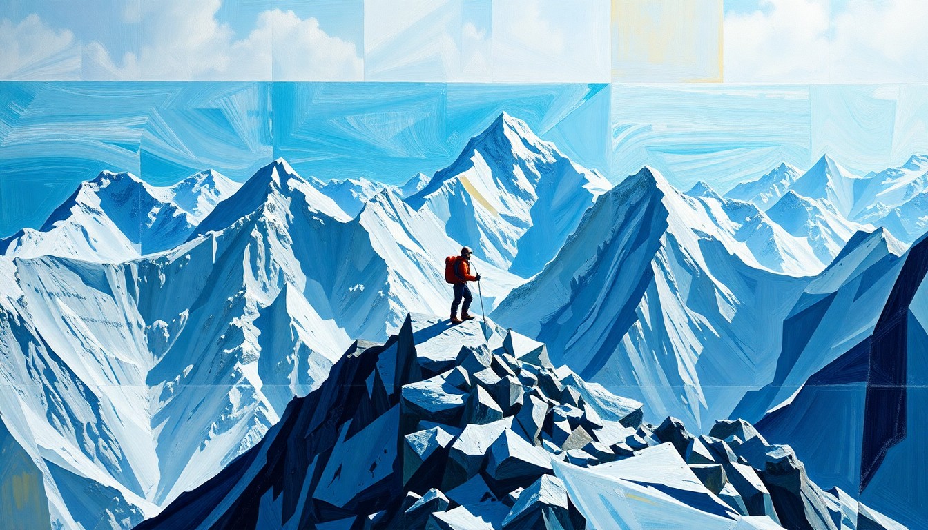 A cubist, geometric painting depicting the iconic image of a mountaineer standing atop a snowy peak, with the figure and landscape broken down into sharp, overlapping planes of color and shape.