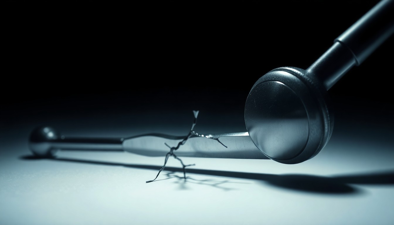 An abstract close-up image of a cracked, reflective medical instrument surface, captured in dramatic high-contrast studio lighting to convey the fragility and high-stakes of a doctor's health crisis.