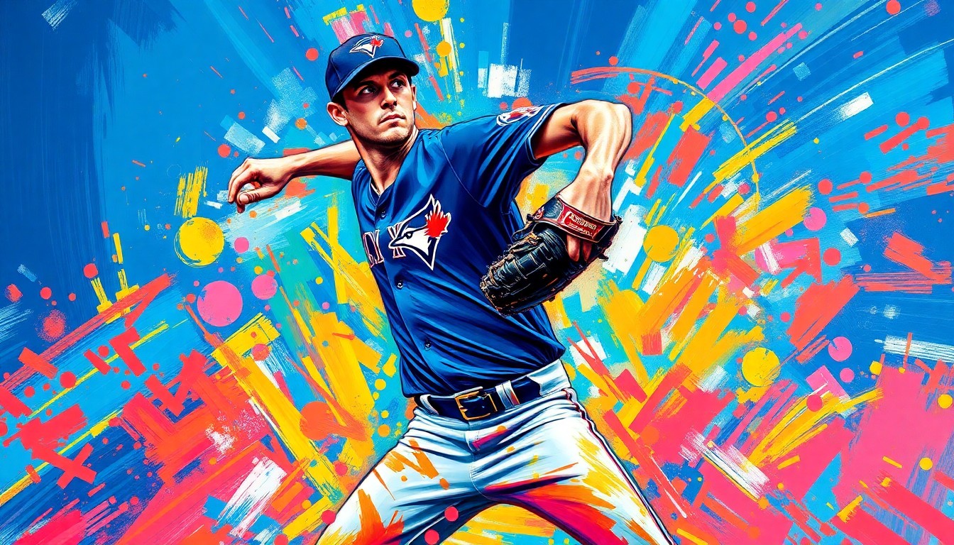 An abstract, expressionist painting in vibrant neon colors depicting the powerful pitching motion and energy of a baseball player, representing Toronto Blue Jays pitcher Dylan Cease's dominant start to the season.