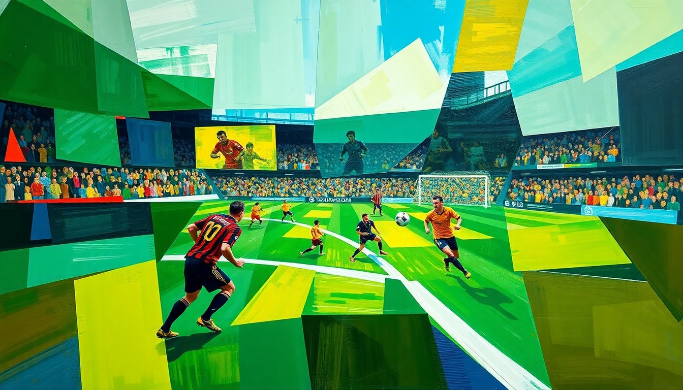 A cubist, geometric painting depicting the intense action and competition of a high school soccer state final, with sharp, overlapping planes of bright green, blue, and yellow.