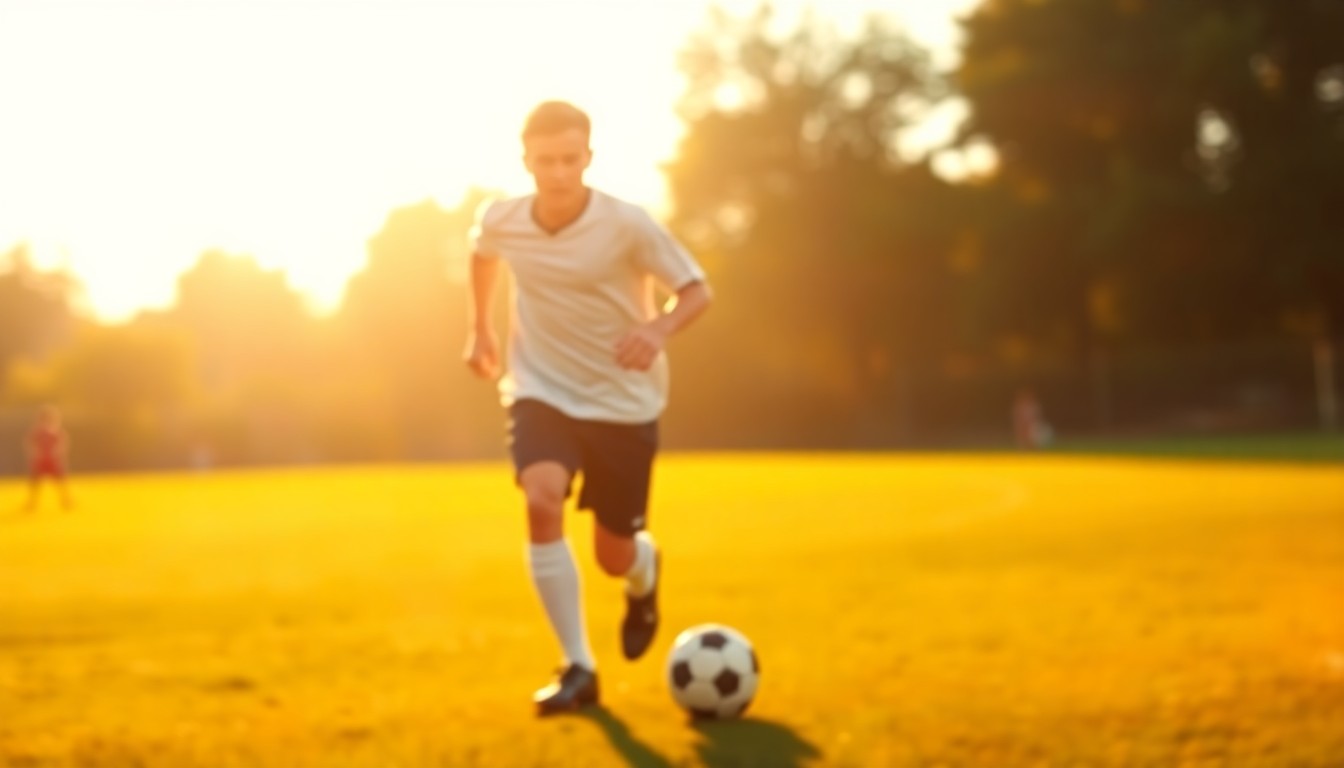 A softly focused, atmospheric photograph of a young man playing soccer on a sun-dappled field, with warm pools of golden light and color creating a dreamlike, lifestyle-oriented scene.
