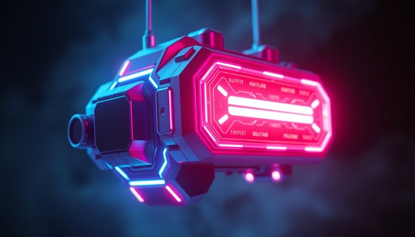 A highly detailed 3D illustration of a glowing, futuristic neural interface device, with pulsing neon blue and magenta lights emanating from its sleek, metallic chassis, suspended against a dark, atmospheric background to symbolize the advanced human-machine technology at the core of Aerendir Mobile's work.