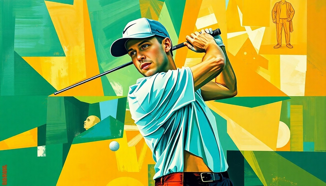 A cubist, geometric illustration depicting Bryson DeChambeau's golf swing and the Masters tournament in an abstract, deconstructed style, using sharp planes of emerald green, azure blue, and warm ochre.