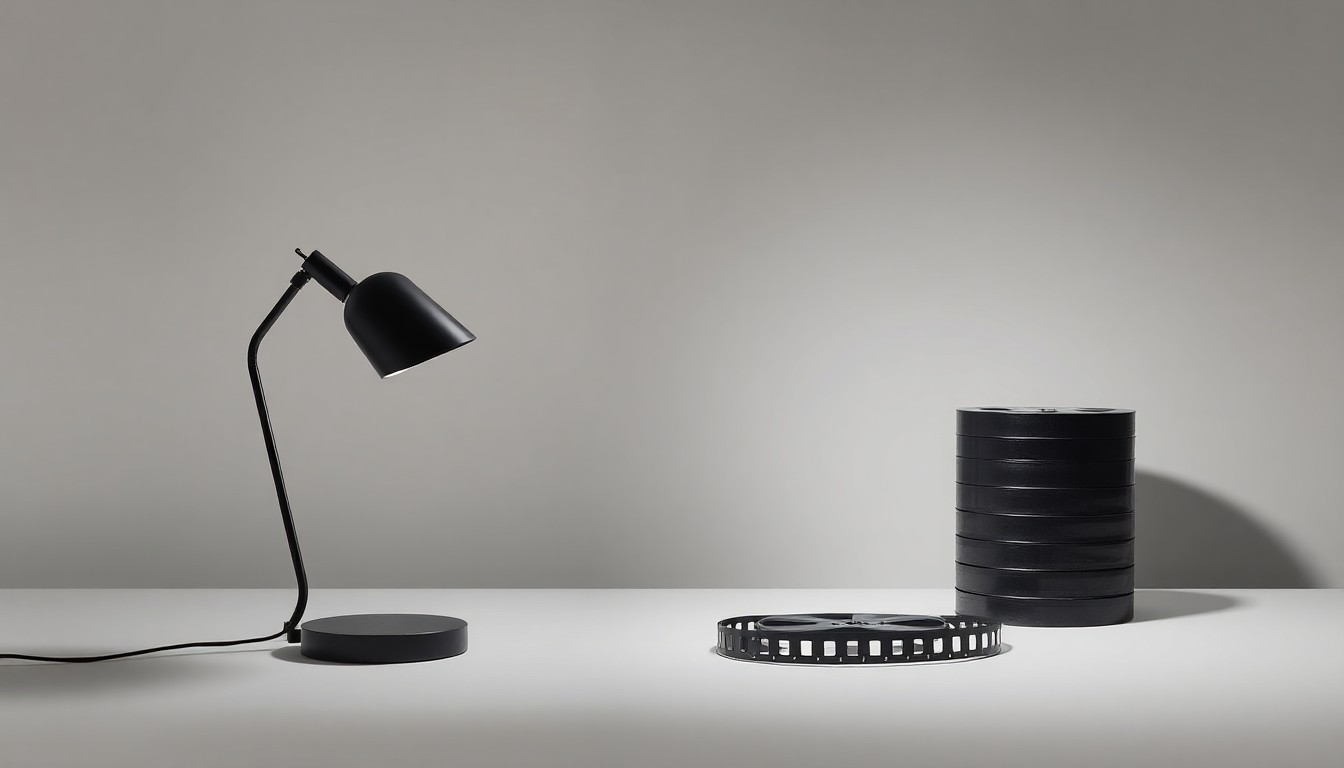 A photorealistic studio still life featuring a modern desk lamp and a stack of film reels in muted tones against a clean, monochromatic background, conceptually representing the shifting dynamics in the entertainment industry.
