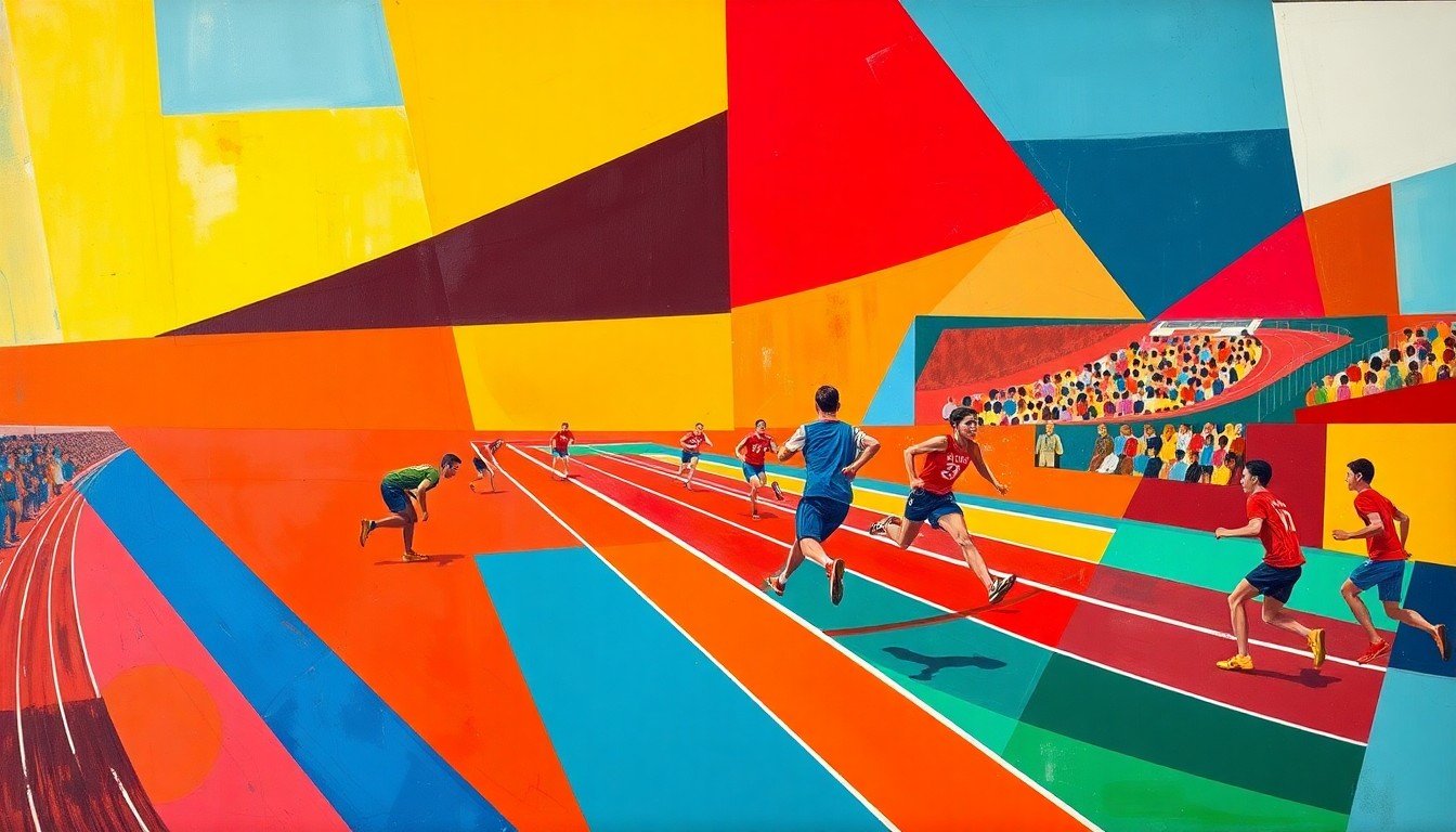 A vibrant, cubist-style painting depicting a high school track and field competition, with overlapping geometric shapes and planes of color representing the dynamic movements and competition of the event.